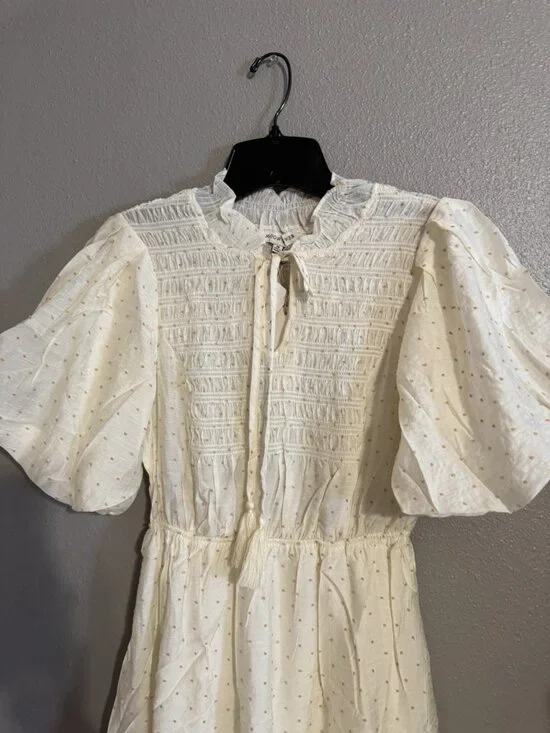 Moon River Womens Smocked Milkmaid Maxi Dress M Cream Dot Princess Feminine NEW - Picture 6 of 9